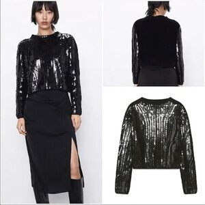 Zara Black Zara Sequin Embellished Chenille Cropped Sweater Size MED